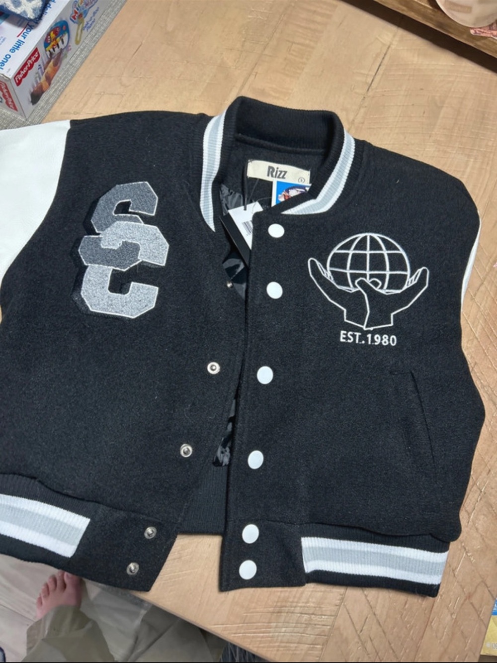 Rizz V100 Varsity Jacket Black White Faux Leather Sleeves NWT Size S
